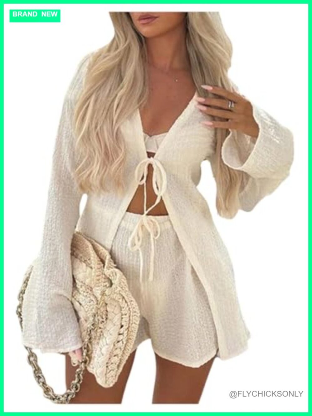 Crochet Linen 2 Piece Short Set Long Sleeve Tie Front Beach Vacation Outfit